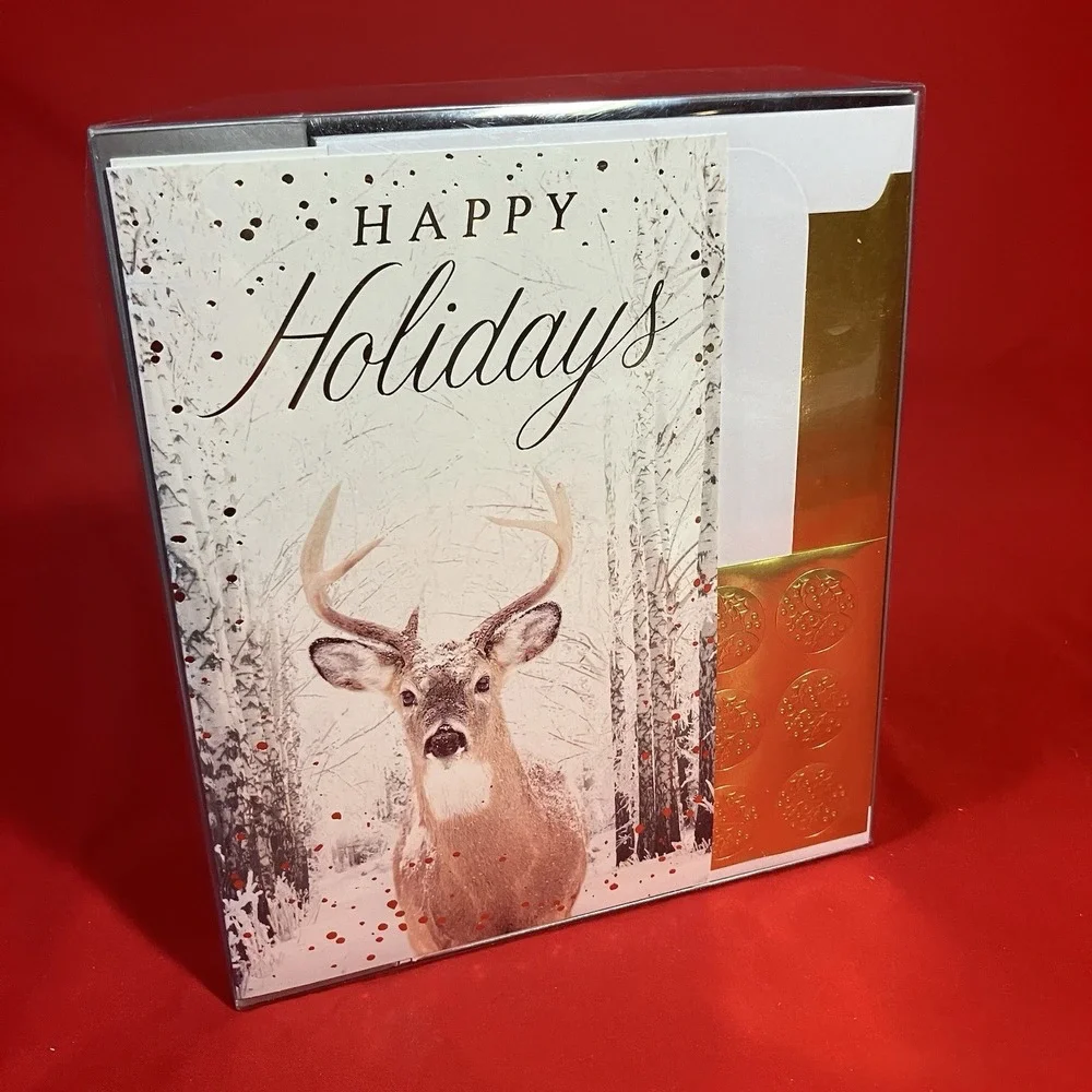 American‎ Greetings Happy Holidays Cards / Buck Deer / 16 Count / Gold Christmas
